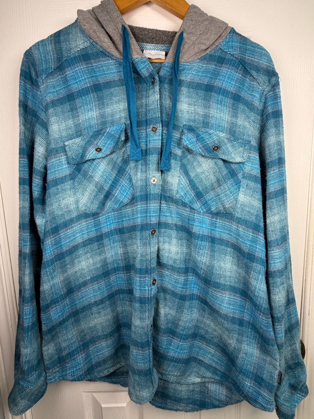 Columbia Blue Plaid Hooded Shacket XL Lightweight Shirt Jacket Gorpcore Outdoor